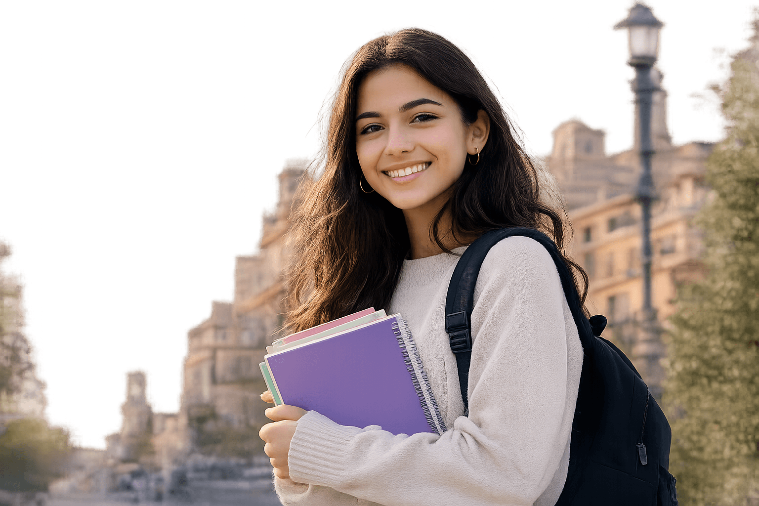 Smiling international student holding notebooks in Barcelona